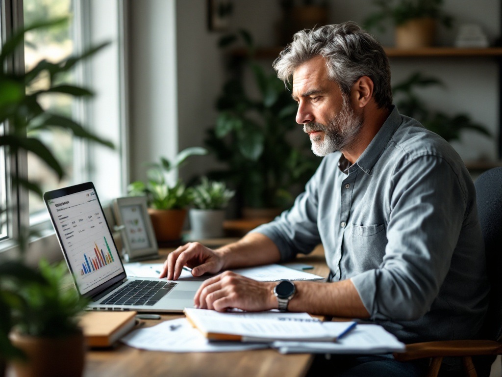 Middle-aged man reviewing financial documents and using a laptop in a casual home office setting, demonstrating practical approach to wealth building