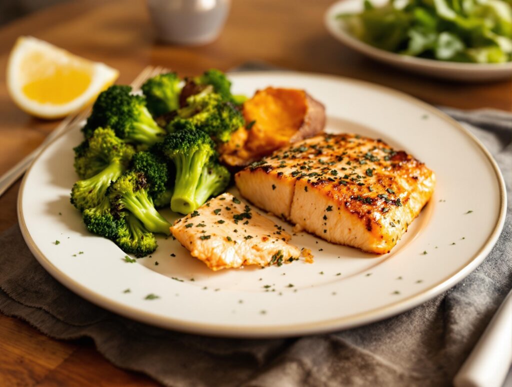 Baked salmon fillet with roasted sweet potato, steamed broccoli, and a small side salad with olive oil and lemon dressing on a simple dinner plate
