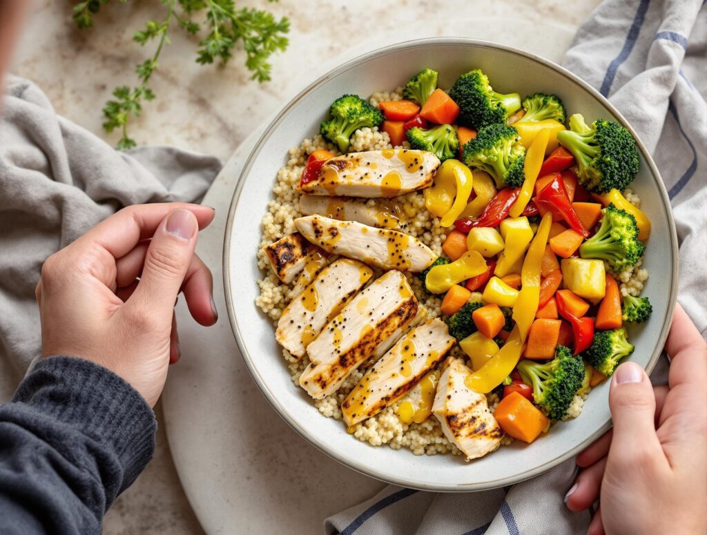 Healthy lunch bowl with grilled chicken, quinoa, colorful roasted vegetables, and olive oil dressing with turmeric and black pepper on a wooden table