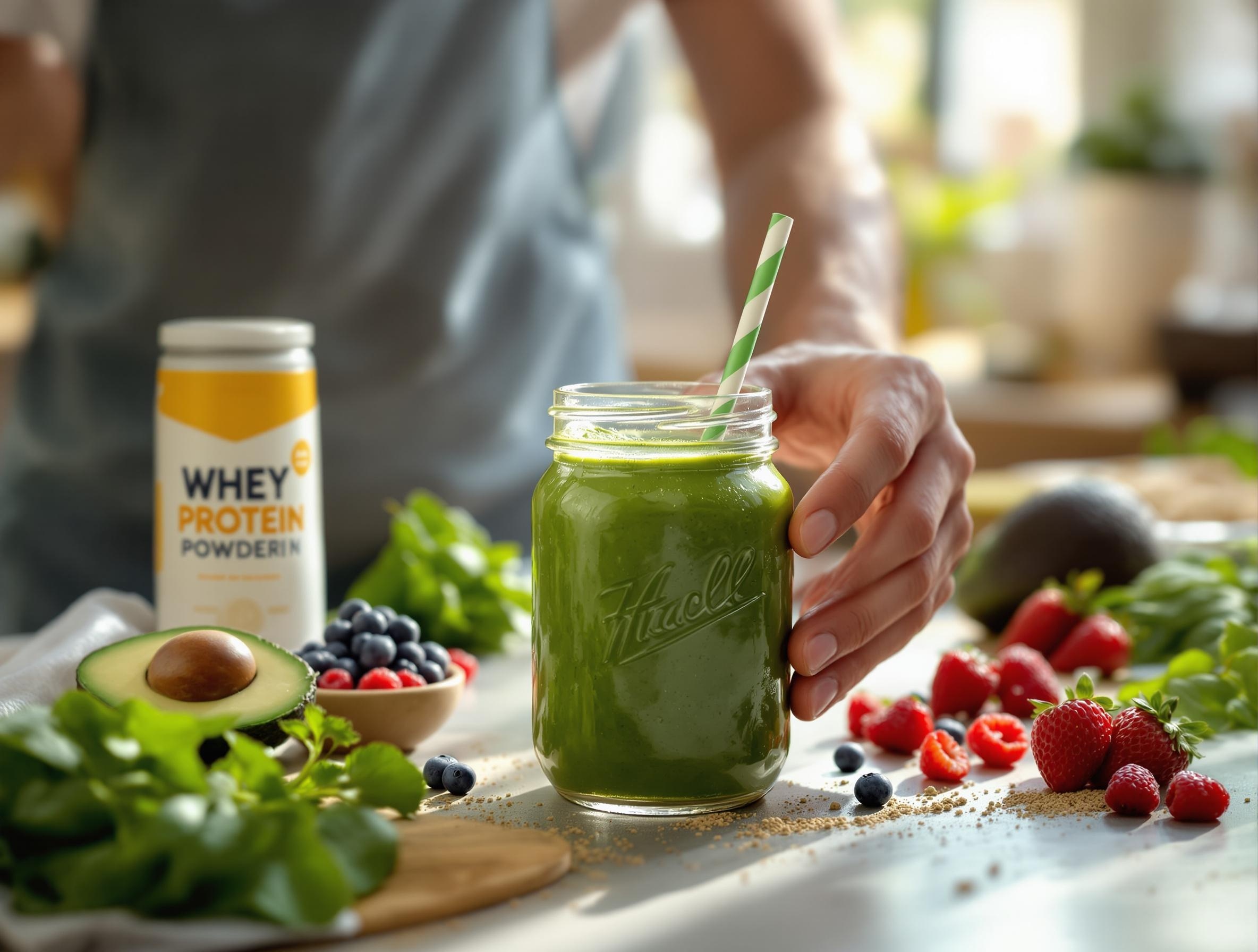 Green protein-rich smoothie breakfast in a glass with ingredients like berries, spinach, protein powder and avocado arranged around it on a kitchen counter provides energy for men over 40