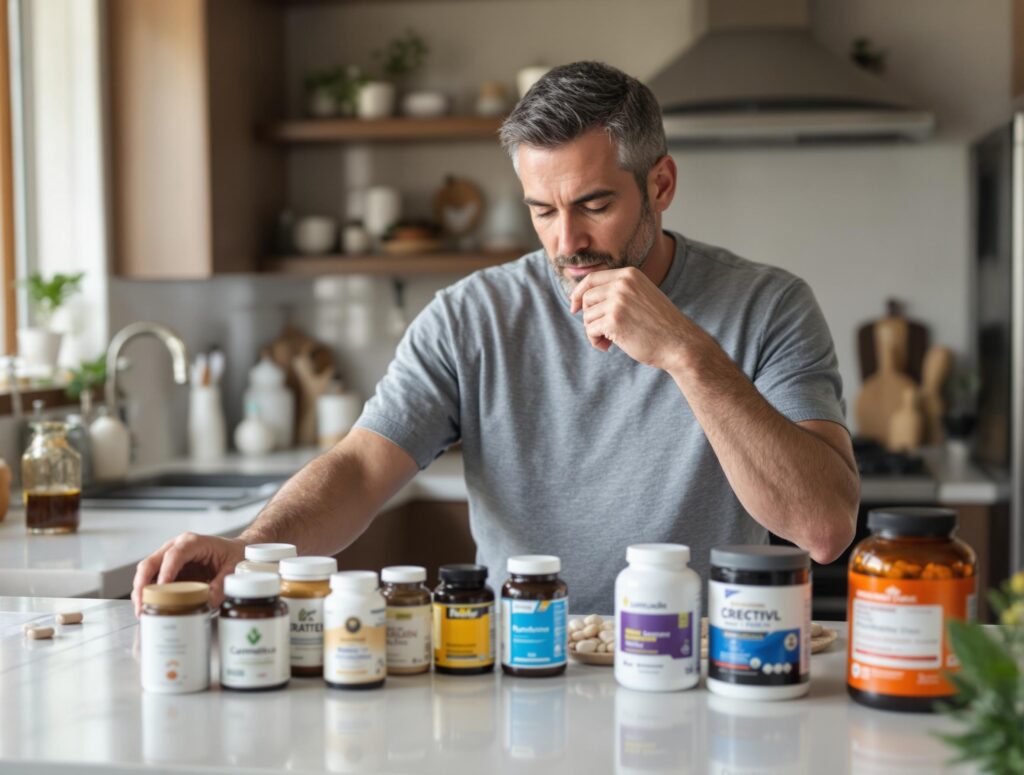 Man in his 40s organizing essential supplements on kitchen counter with vitamin bottles categorized into three tiers as described in the article