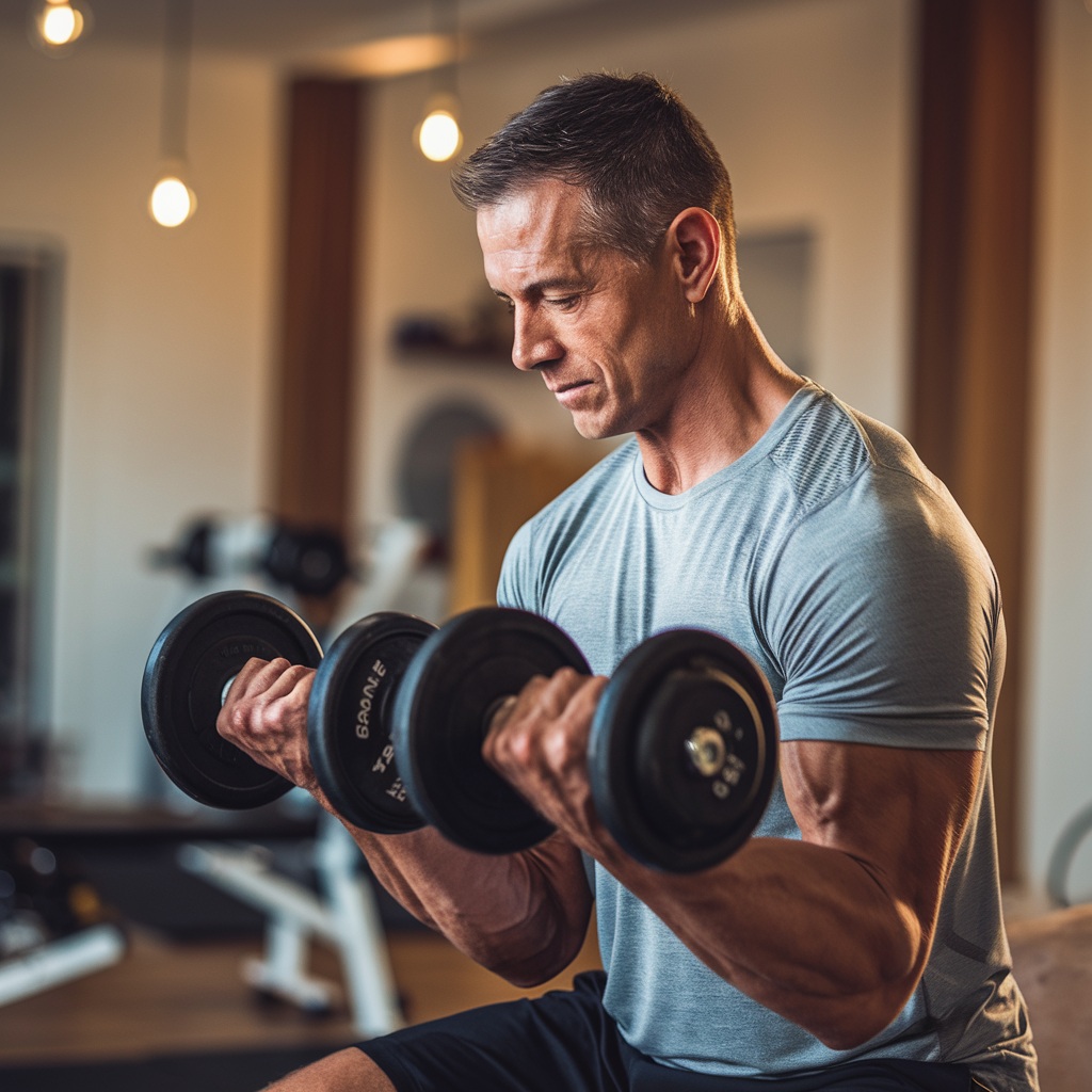 Man in his 40s demonstrating proper form with adjustable dumbbells in a home setting, showcasing the compact and versatile nature of the equipment