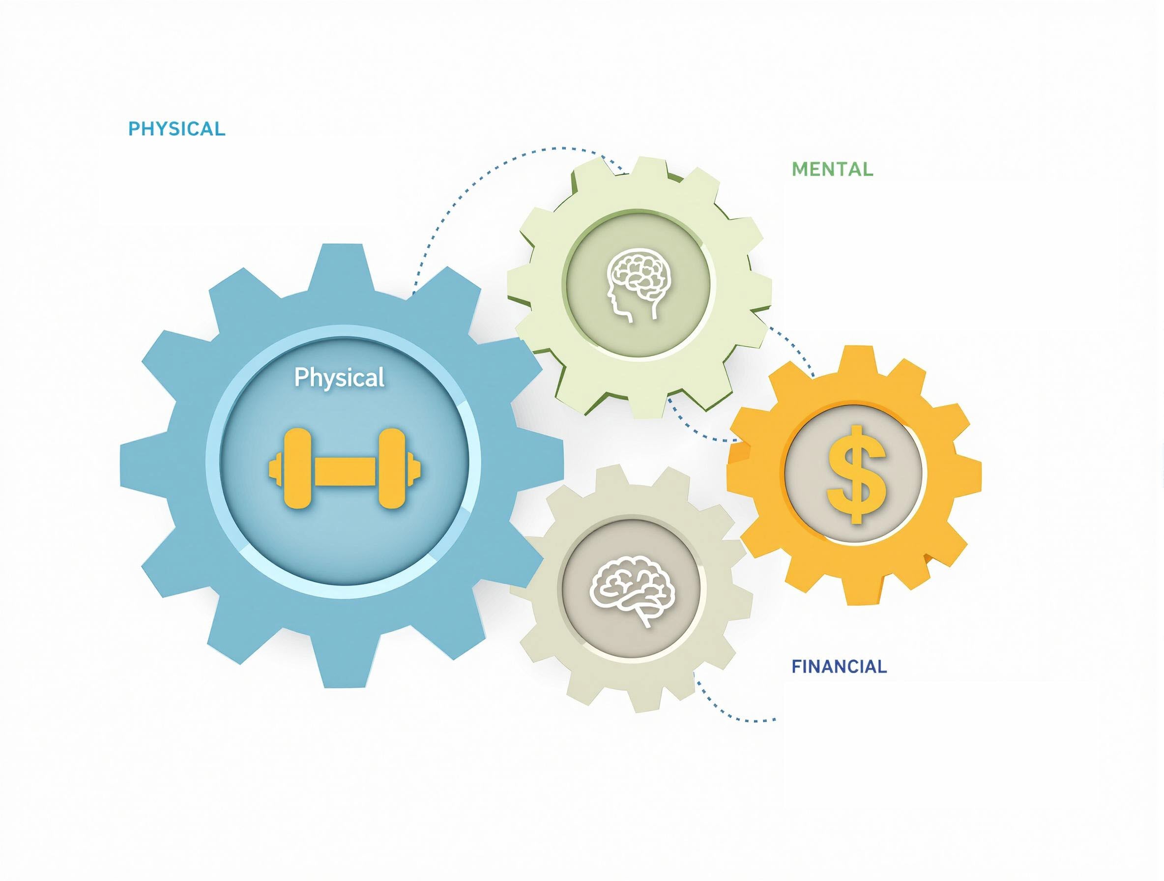 Clean, minimalist representation of wellness balance showing three interconnected circles with simple icons for physical, mental, and financial wellness against a serene background