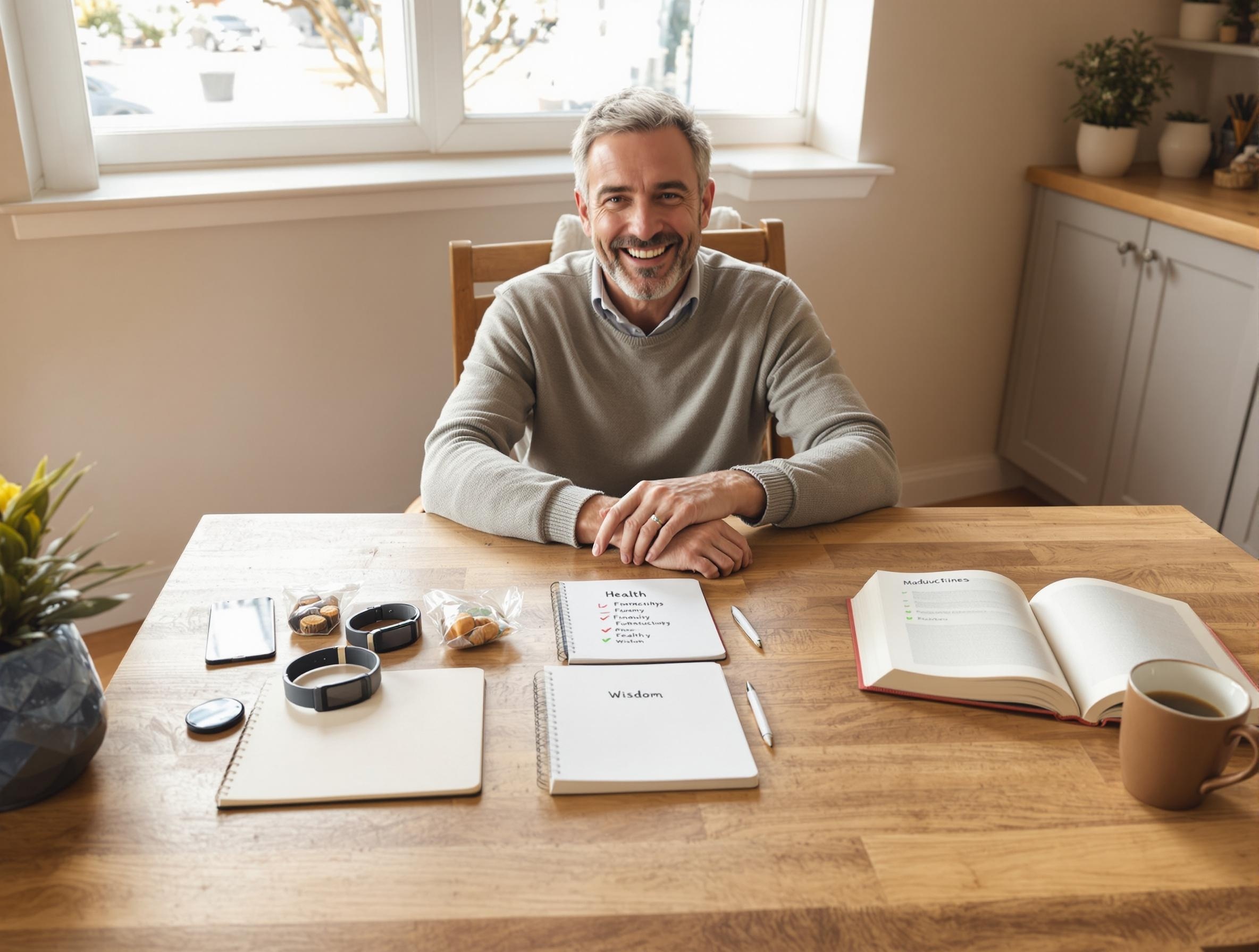 Professional man in his 40s following step-by-step balanced approach guide with health wealth wisdom assessment checklist and progress tracking