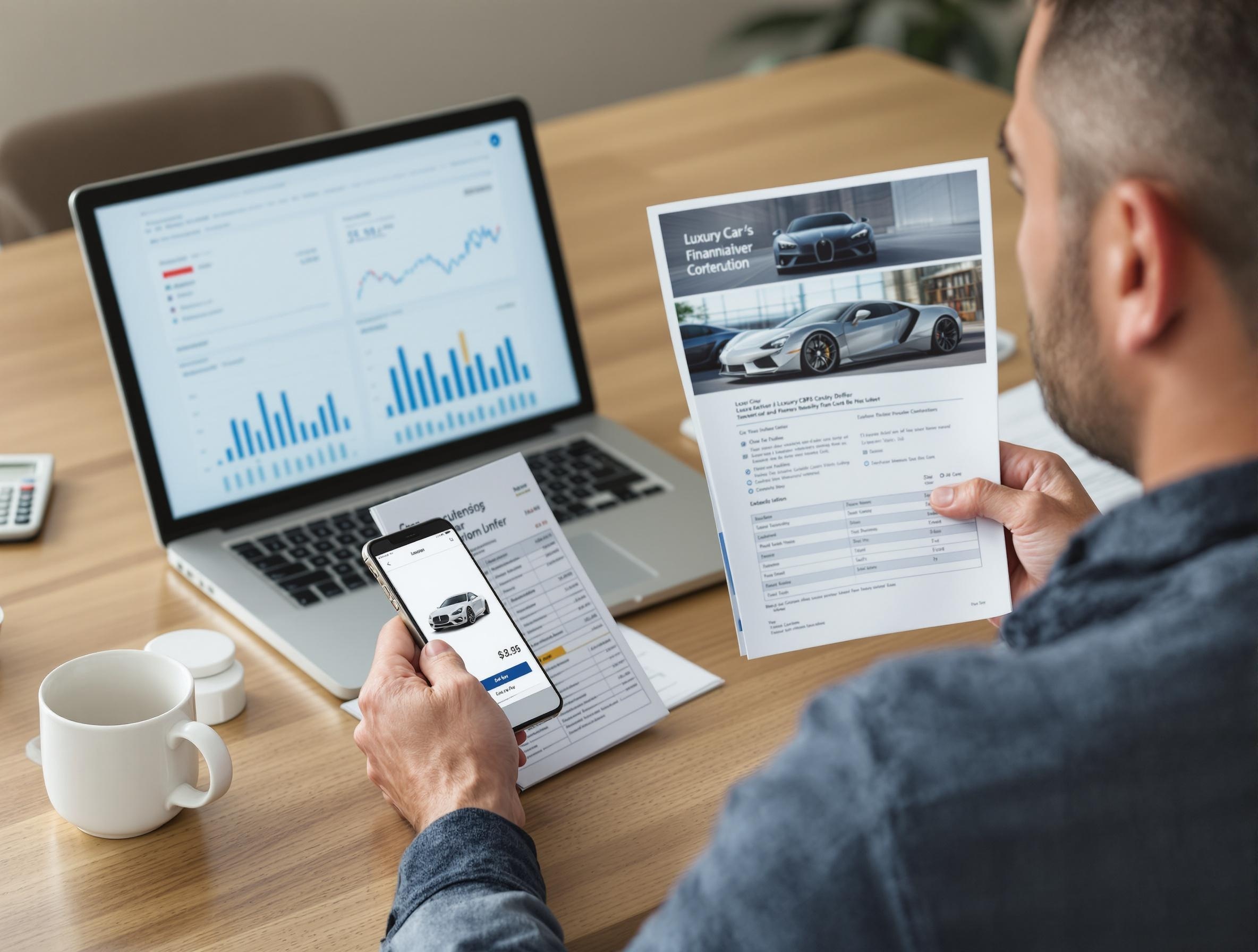 Man looking stressed while comparing luxury car brochure with investment documents