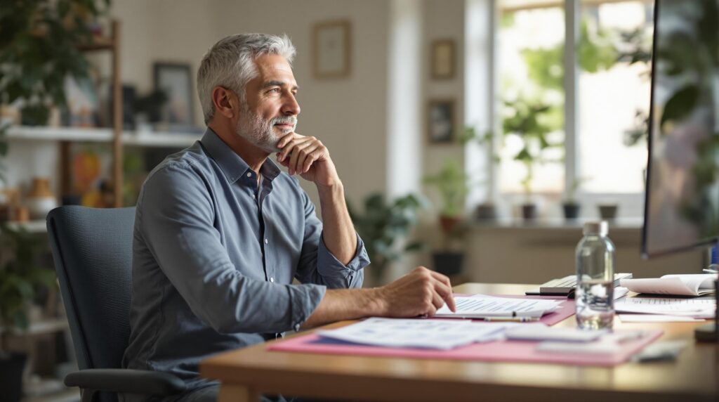 Middle-aged man in casual attire reviewing his wellness journal, with icons representing physical, mental, and financial health forming a triangle around him