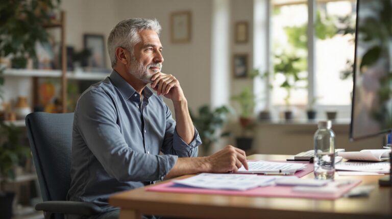 Middle-aged man in casual attire reviewing his wellness journal, with icons representing physical, mental, and financial health forming a triangle around him