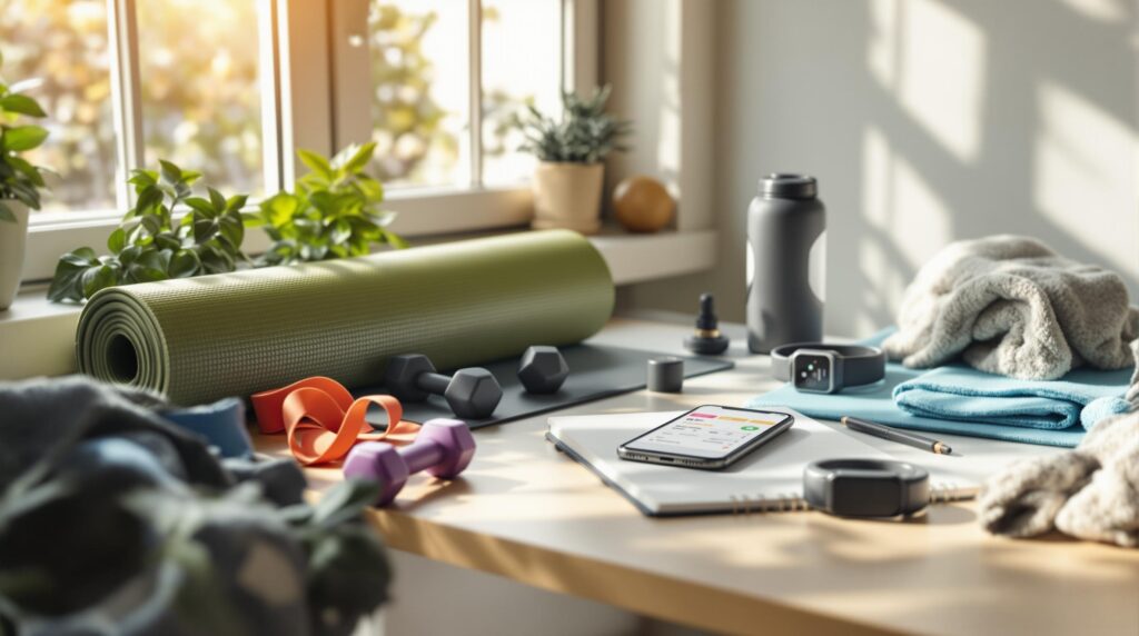 Organized display of wellness journey essentials including resistance bands, yoga mat, adjustable dumbbells, and a smartphone showing fitness apps in a bright home office setting