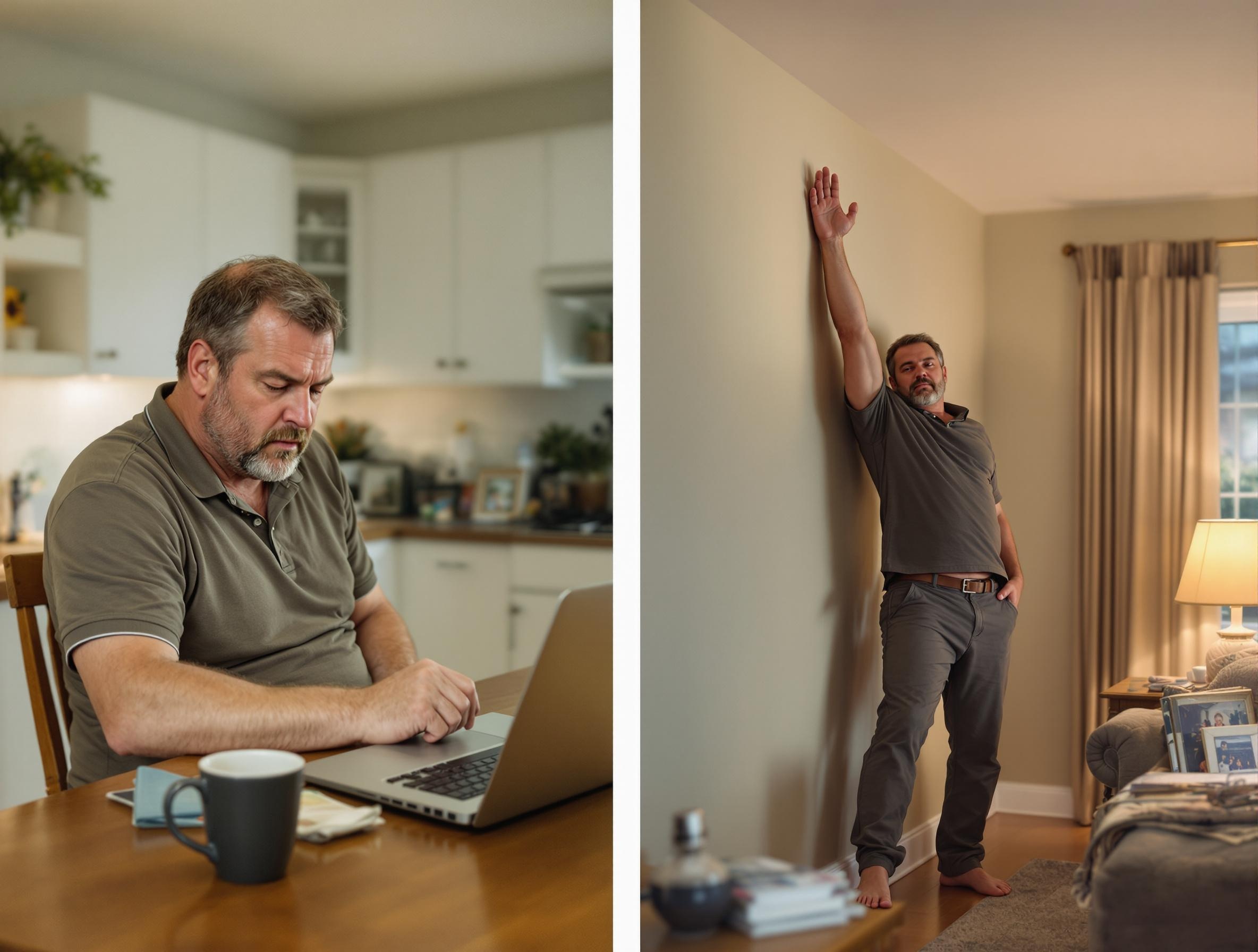 Comparative image showing a middle-aged man's evening transition - from desk fatigue to gentle stretching exercises, highlighting the natural progression to better sleep habits