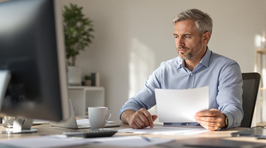 Professional man reviewing financial documents at desk with laptop