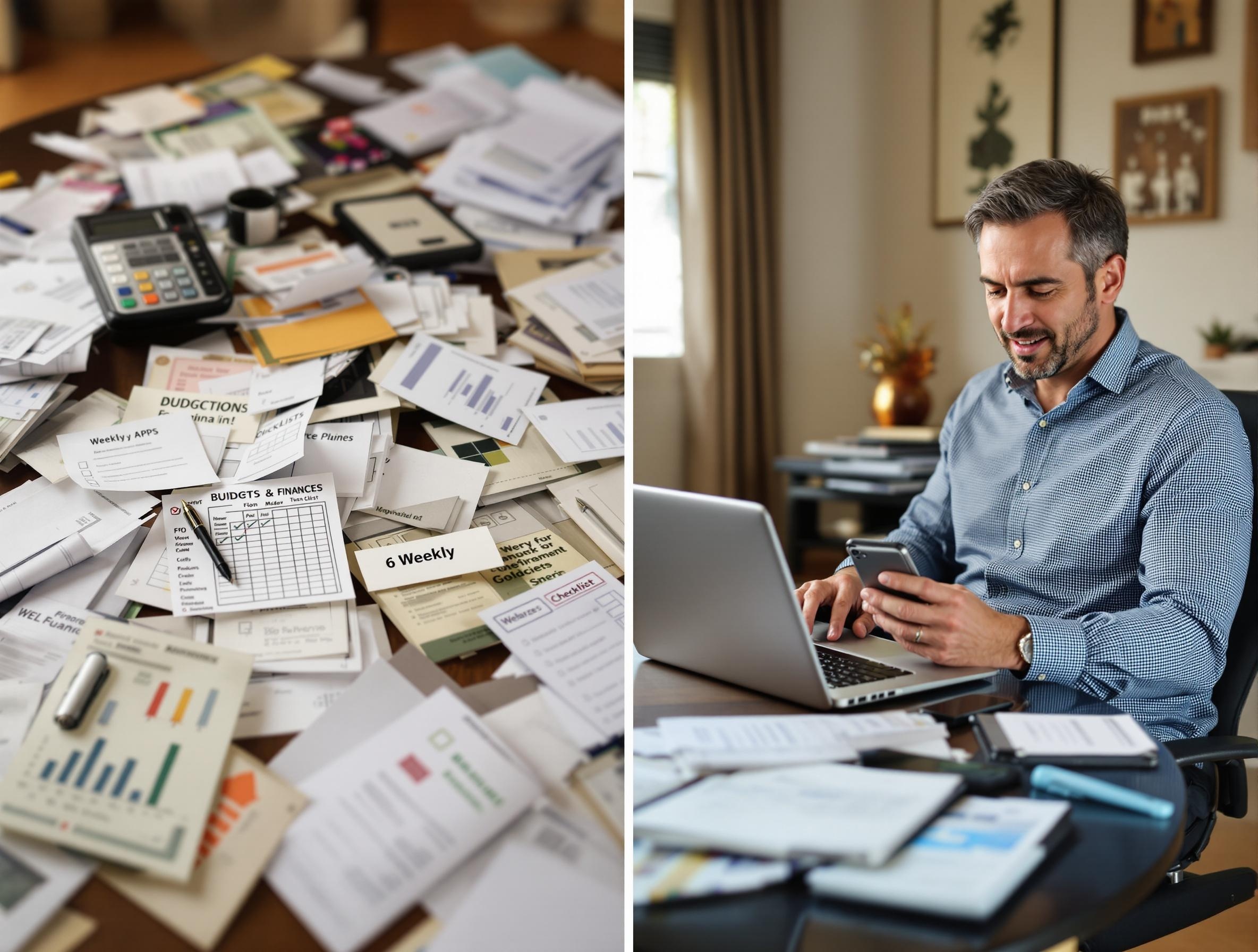 Man at desk reviewing financial progress with multiple screens showing charts, calendar, and budget tools