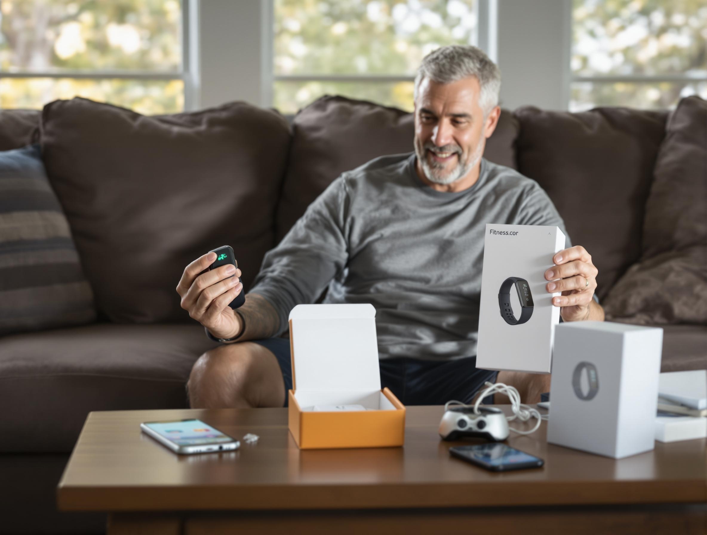 Man in his 40s setting up new fitness tracker at home following first week action plan with smartphone and user manual