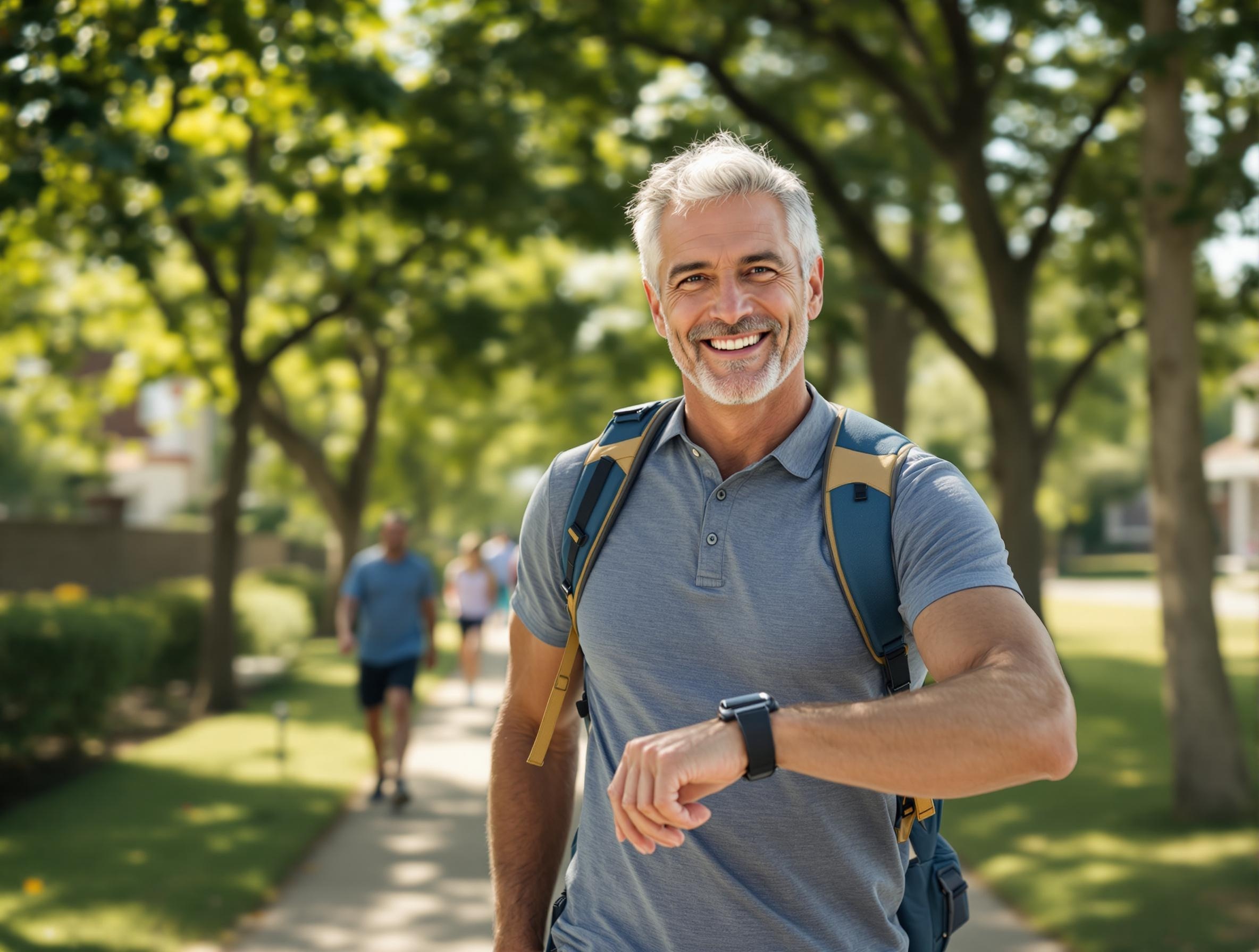 Confident man over 40 outdoors wearing fitness tracker - successful health transformation and fitness journey