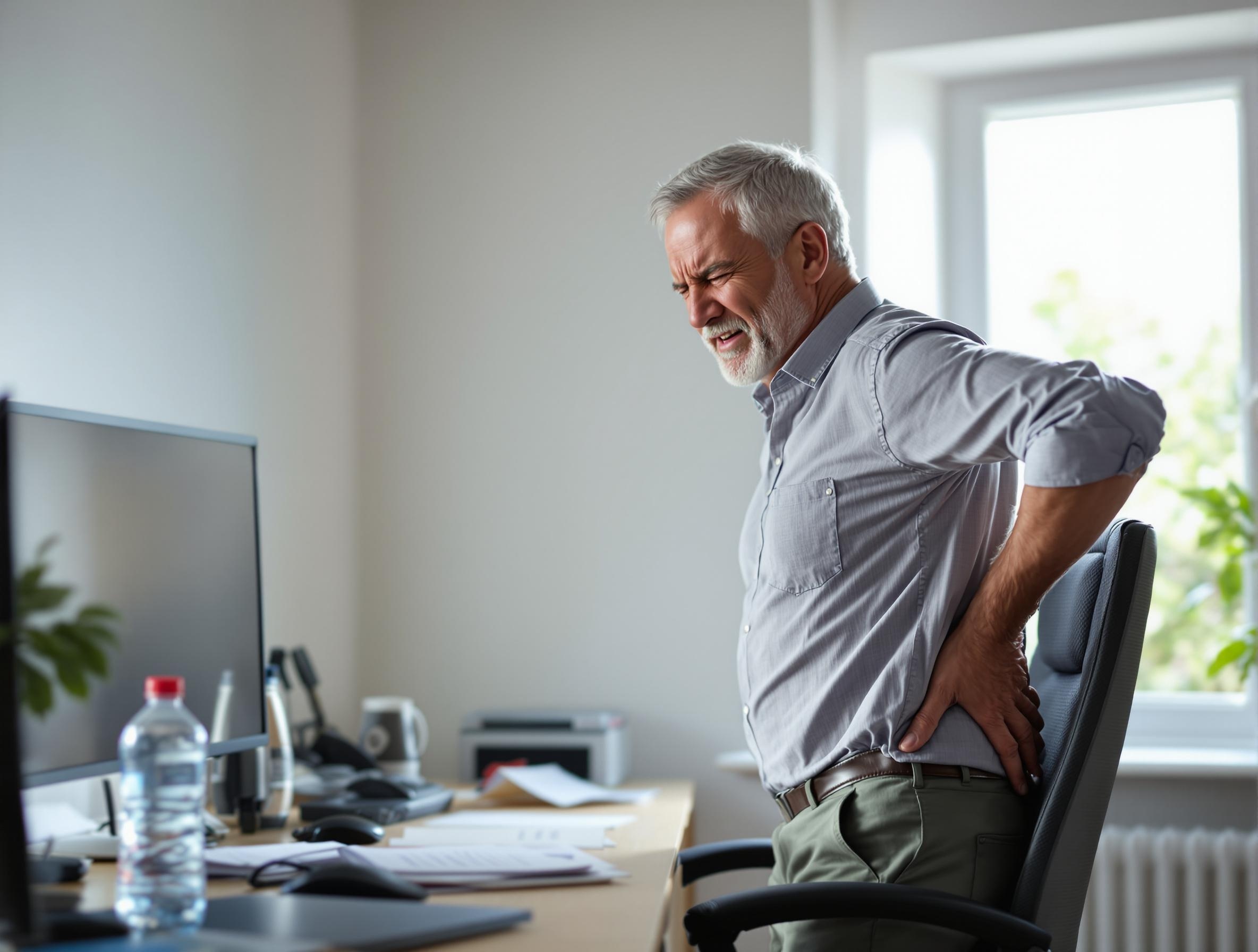 Alt Text: Middle-aged man stretching his shoulder with mild discomfort in a home setting, illustrating the reality of joint awareness after 40
