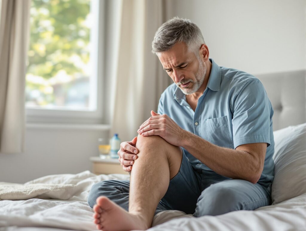 Middle-aged man examining his knee with concern, illustrating awareness of joint pain warning signs