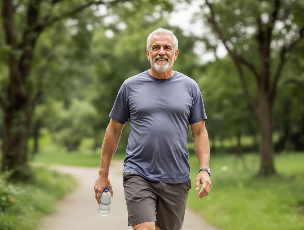 Middle-aged man enjoying a walking workout on a soft trail surface, demonstrating joint-friendly cardio exercise