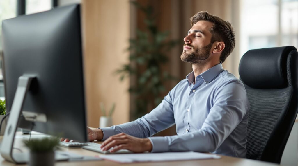 Professional man in his 40s practicing meditation at office desk