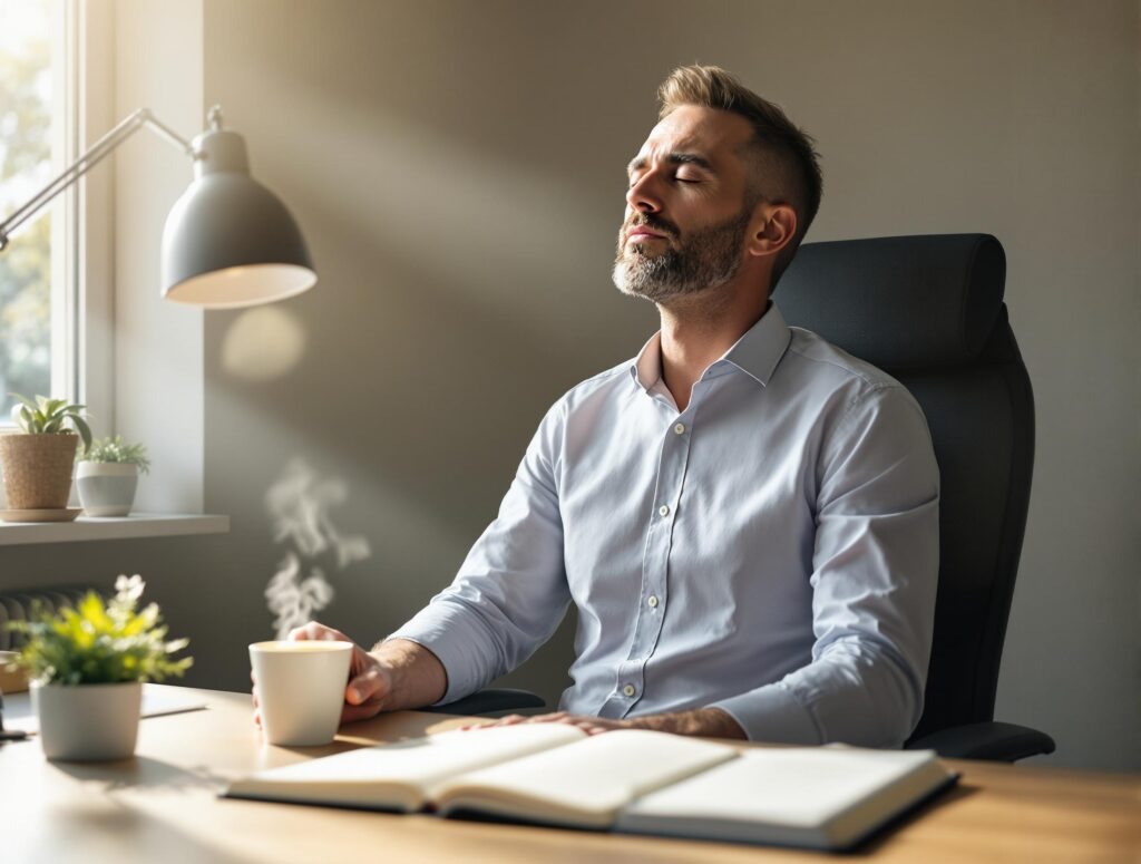 Middle-aged professional practicing mindfulness exercises at his desk, demonstrating proper meditation posture and breathing techniques in a natural office setting