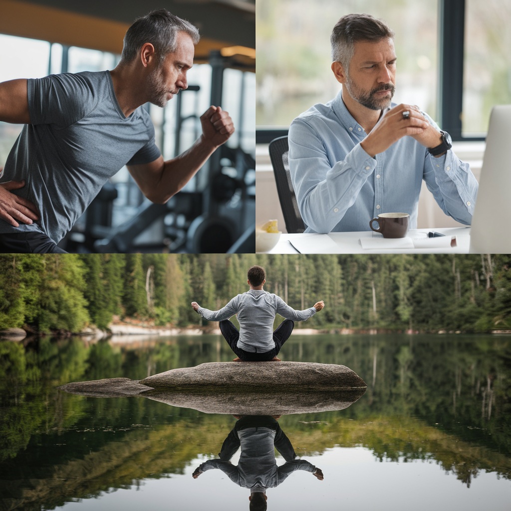 Successful middle-aged man demonstrating balanced lifestyle through split-screen view: morning routine, focused decision-making, and peaceful stress management