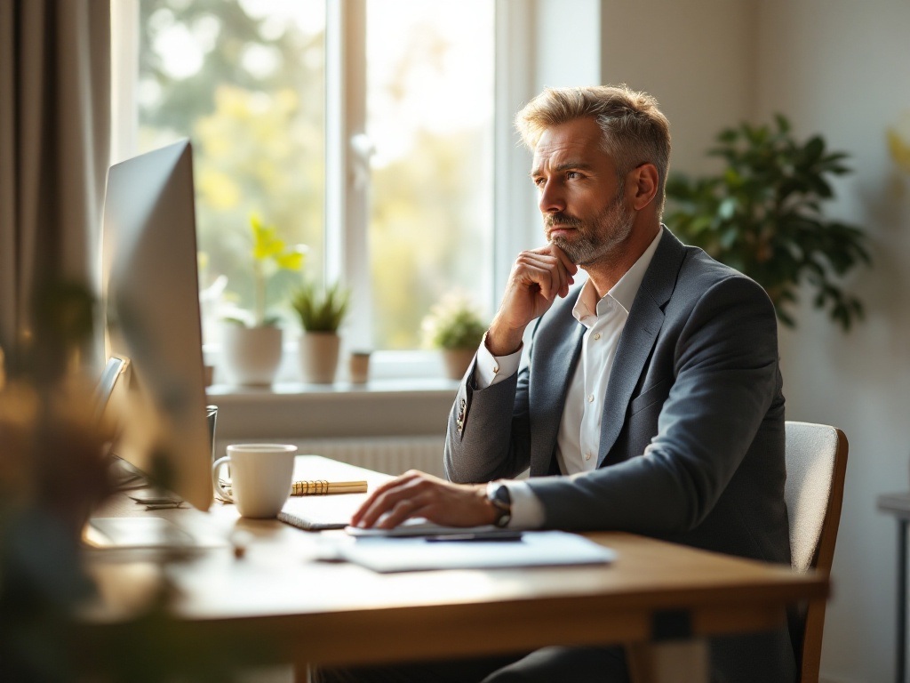 Professional man in his 40s sitting at a desk with notebook, demonstrating focused mental clarity