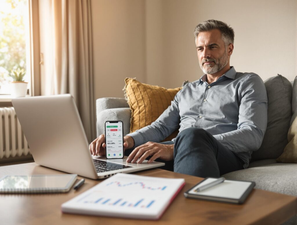 Person using multiple financial apps on smartphone and laptop with organized workspace