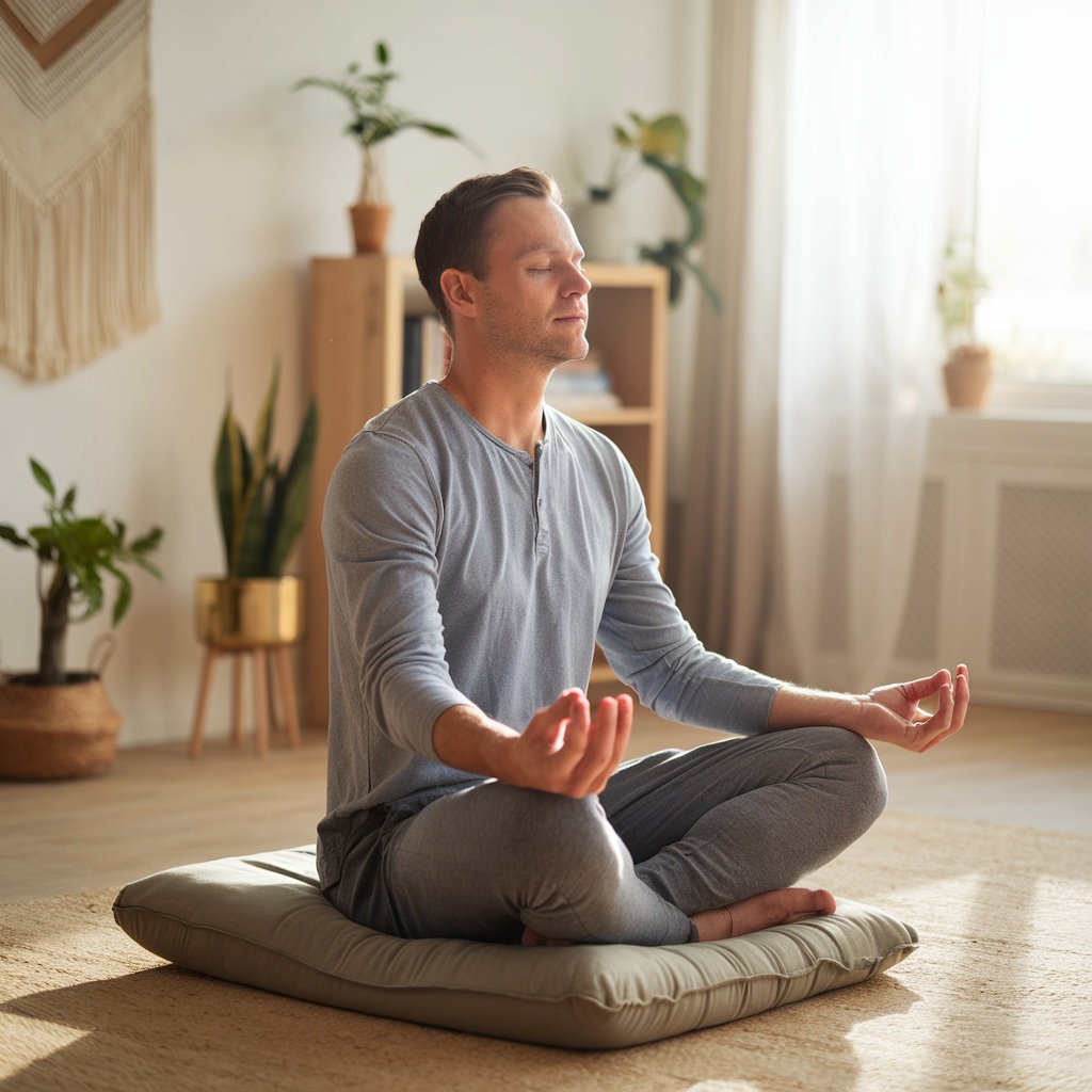 Man in his 40s practicing morning meditation in a sunlit room, sitting comfortably in casual clothes