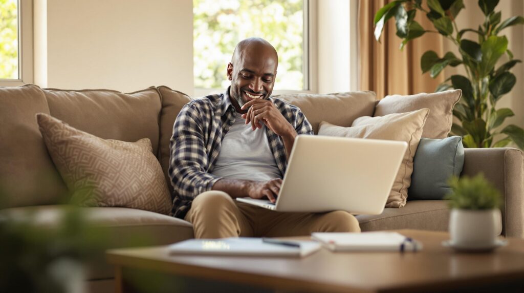 Middle-aged man starting passive income journey at home office