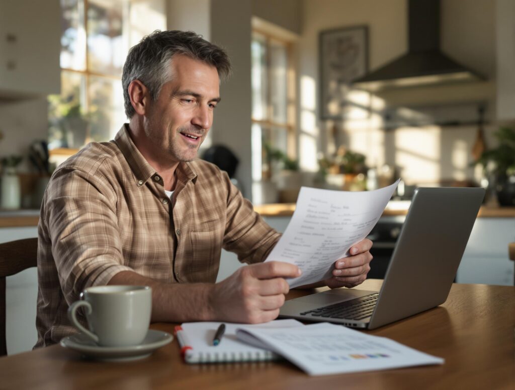 Man in casual attire working on laptop with planning materials