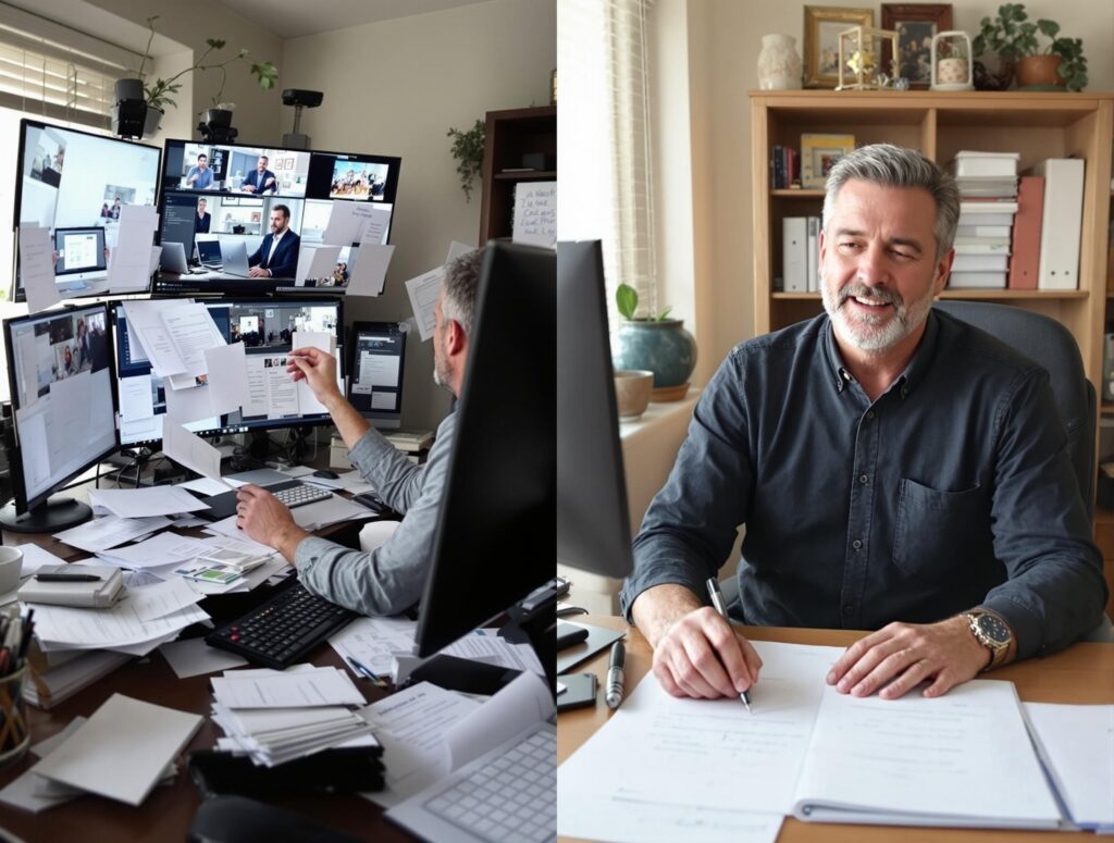 Man looking concerned while reviewing multiple business plans and spreadsheets