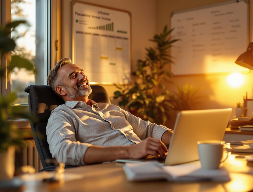 Middle-aged man confidently reviewing financial success on laptop with organized desk setup