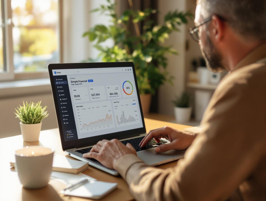 Middle-aged professional conducting morning financial review using tablet and notebook, demonstrating organized approach to personal finance management in comfortable home office environment