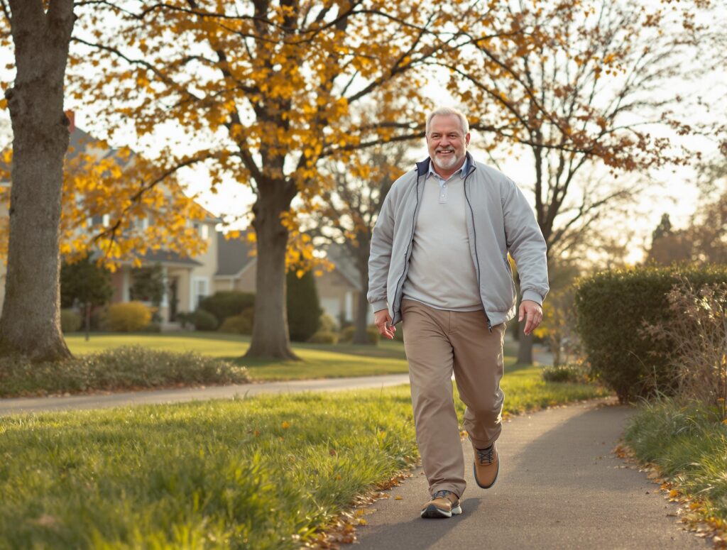 Middle-aged man in comfortable clothing taking a brisk morning walk in a peaceful neighborhood setting, demonstrating proper walking posture and confident stride