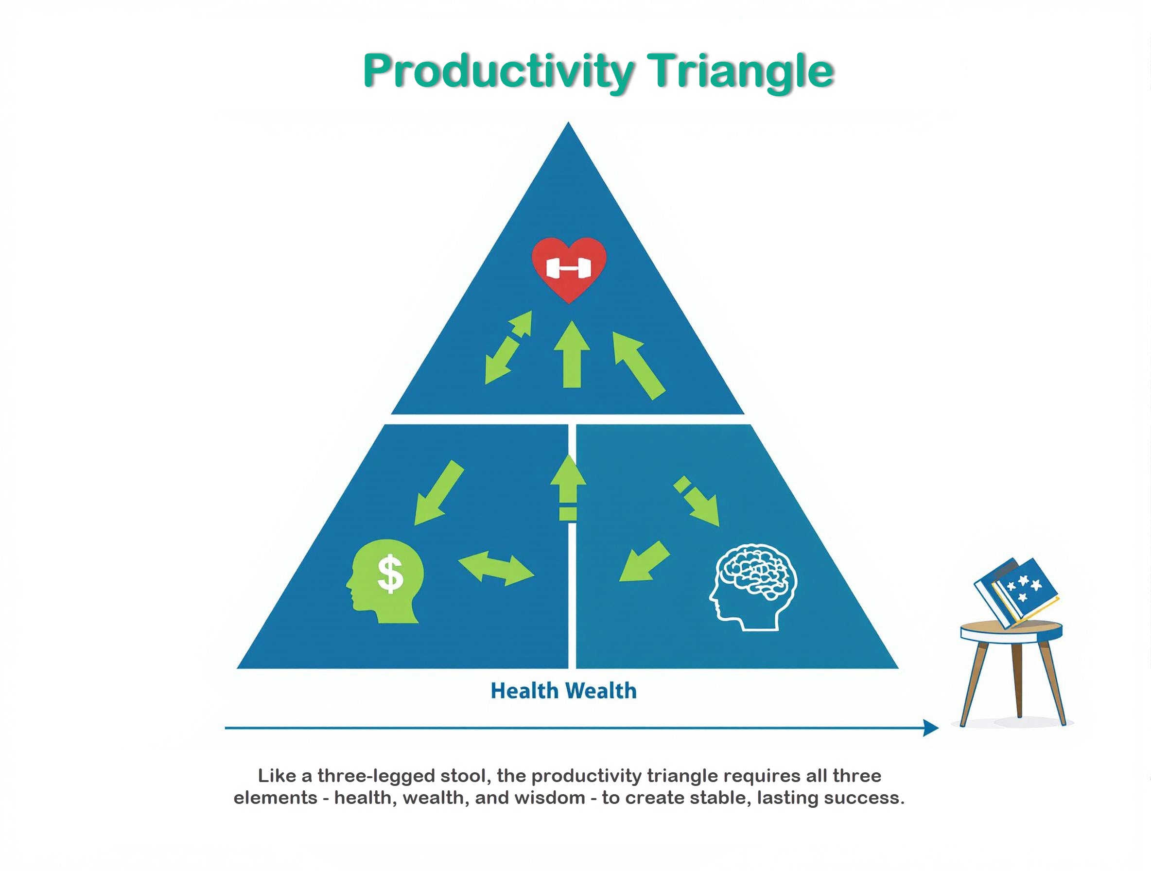 Three-legged stool diagram illustrating productivity triangle concept with health wealth wisdom as interconnected support pillars for men over 40