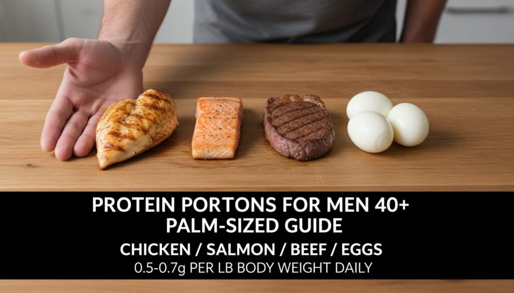 Palm-sized protein portion guide showing chicken, salmon, beef, and eggs for men over 40