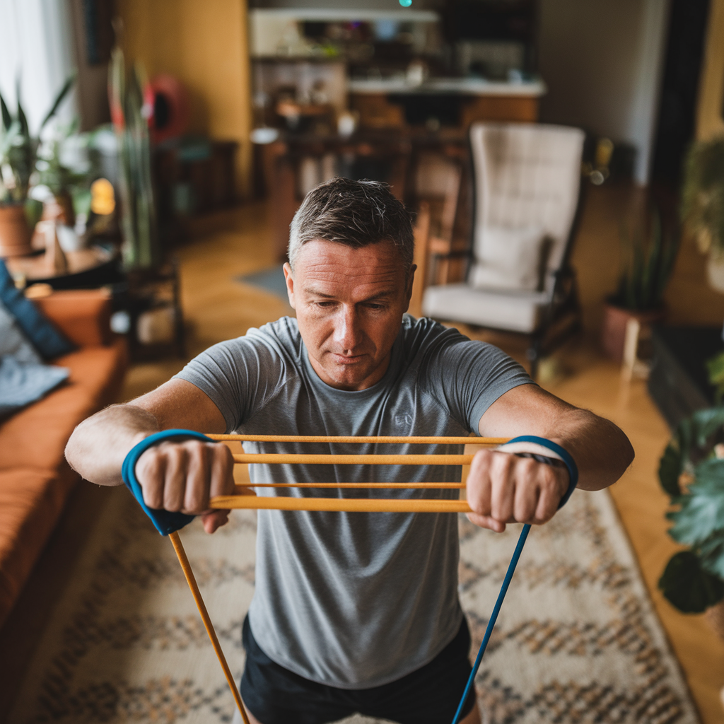 Man in his 40s demonstrating a resistance band chest press exercise in a bright home office space, wearing casual workout clothes
