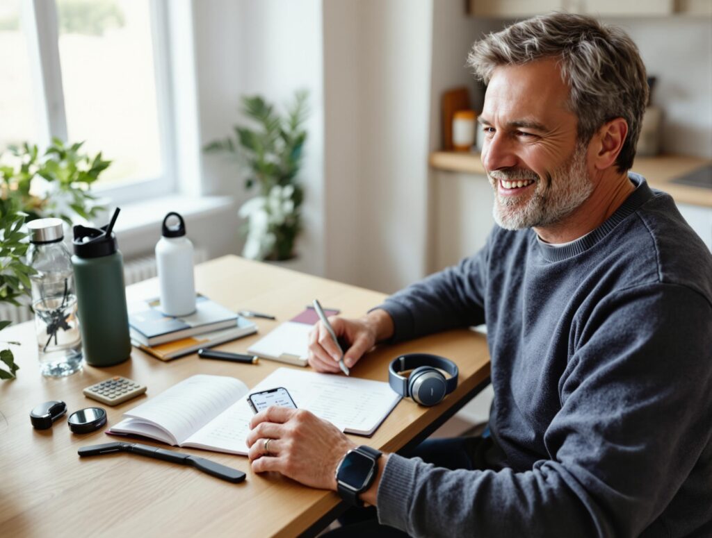 Man in his 40s efficiently organizing time money and energy resources for productivity triangle optimization in casual home setting