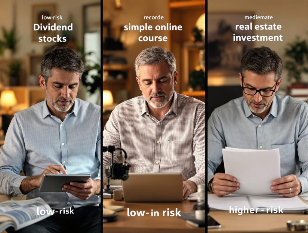 Middle-aged man analyzing investment options on laptop with financial documents