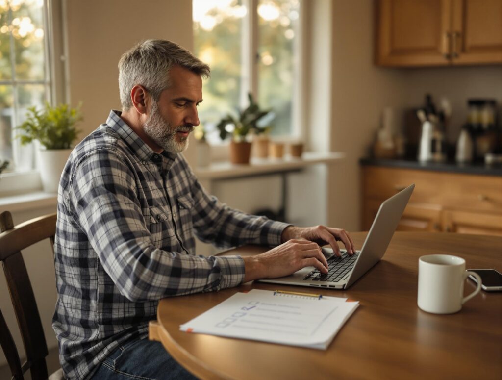 Man reviewing finances on laptop with paper calendar and coffee on Sunday evening