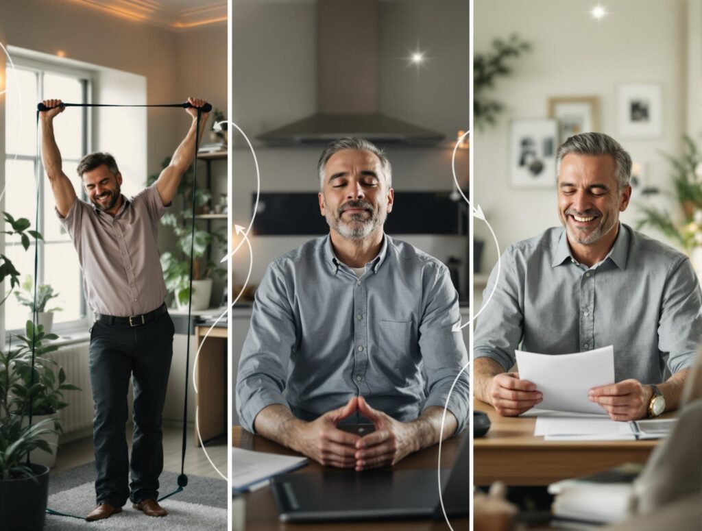 Middle-aged man in casual business attire actively engaging with a digital wellness dashboard showing physical, mental, and financial metrics in an organized, modern home office setting