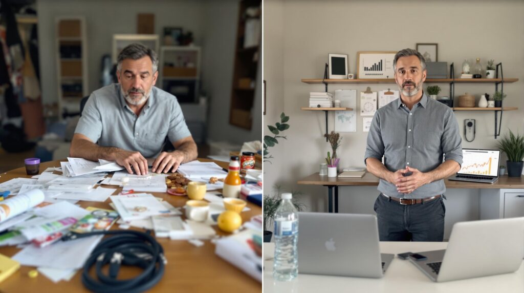 Middle-aged man reviewing his wellness progress on a digital dashboard while sitting in a comfortable home office, surrounded by visual representations of achieved goals in physical fitness, mental clarity, and financial growth