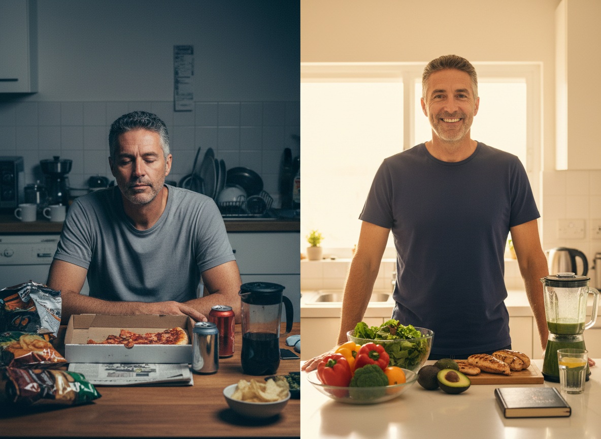 Visual comparison showing energy differences in men over 40 with poor versus strategic nutrition choices