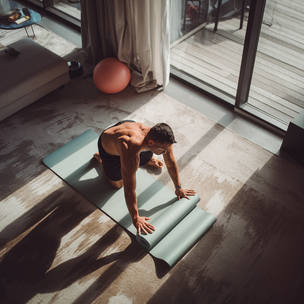 Middle-aged man setting up a yoga mat in a comfortable home office space, demonstrating proper mat placement for exercise