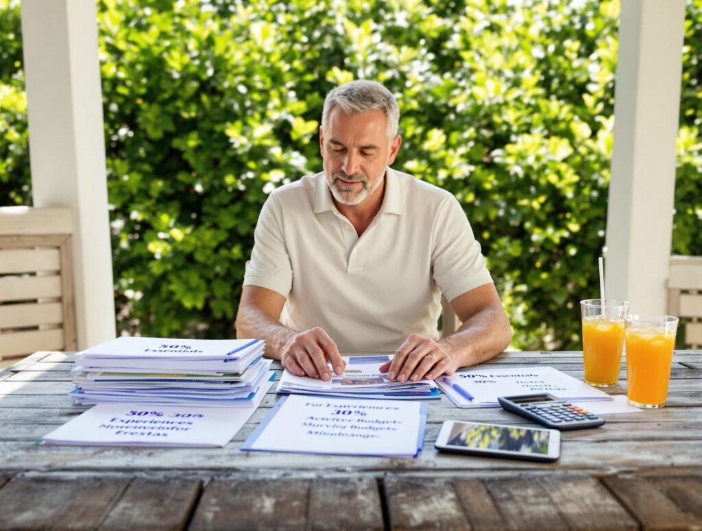 Man in his 40s organizing vacation budget using 50/30/20 rule with three labeled sections for essentials, experiences, and extras on outdoor table