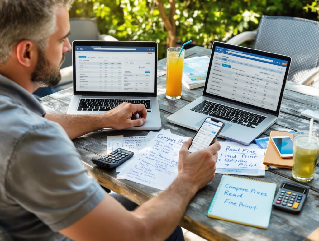 Man in his 40s comparing travel booking options on laptop and tablet with travel documents spread on outdoor table, demonstrating smart vacation booking research