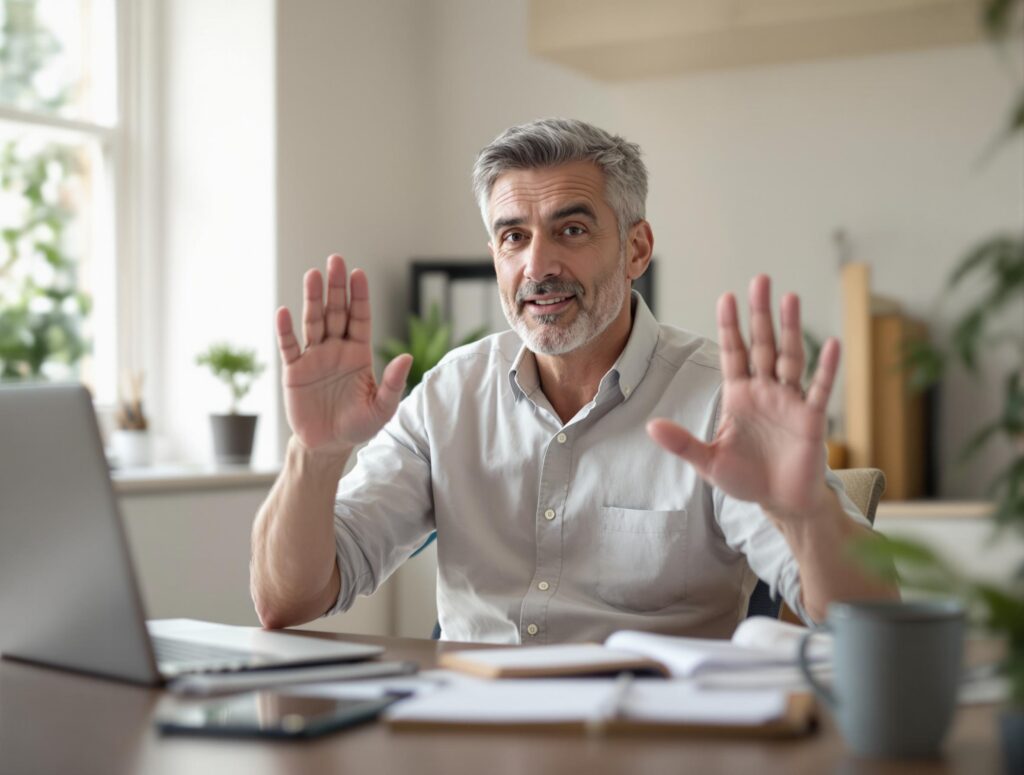 Professional man in his 40s confidently setting boundaries at his home office, demonstrating assertive communication and work-life balance strategies