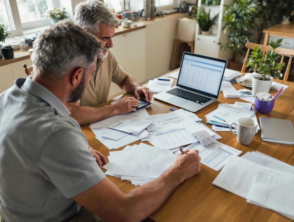 Man in his 40s organizing financial documents and statements on desk for budget review process