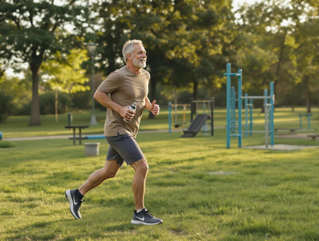 Man in his 40s calculating fitness expenses and savings while surrounded by budget-friendly workout equipment, demonstrating financial wellness through smart fitness choices