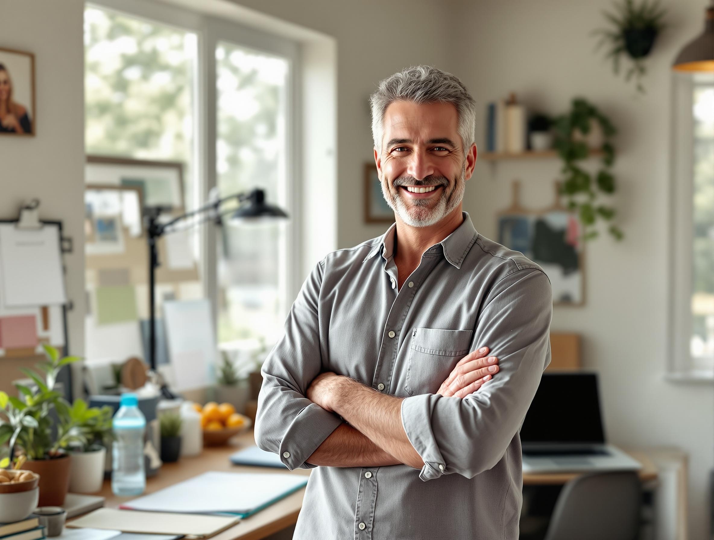 Professional man in his 40s showing successful burnout recovery transformation from burnout to renewal, displaying energy, confidence, and balanced work practices in a well-organized home office