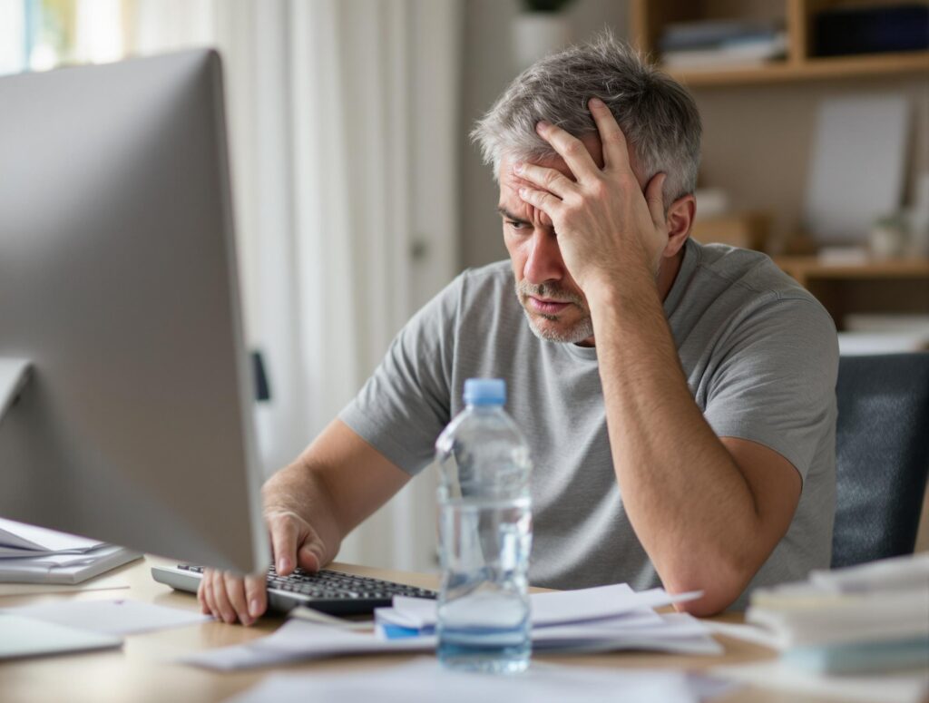 Man in his 40s making common hydration mistakes - waiting until thirsty, only drinking during workouts, ignoring electrolyte needs