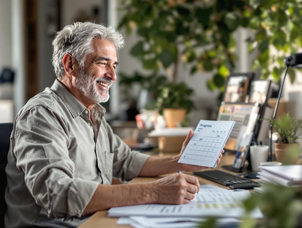 Professional man in his 40s demonstrating the compound effect of burnout recovery with small daily changes, showing progression from simple habits to significant transformation in a home office setting over time